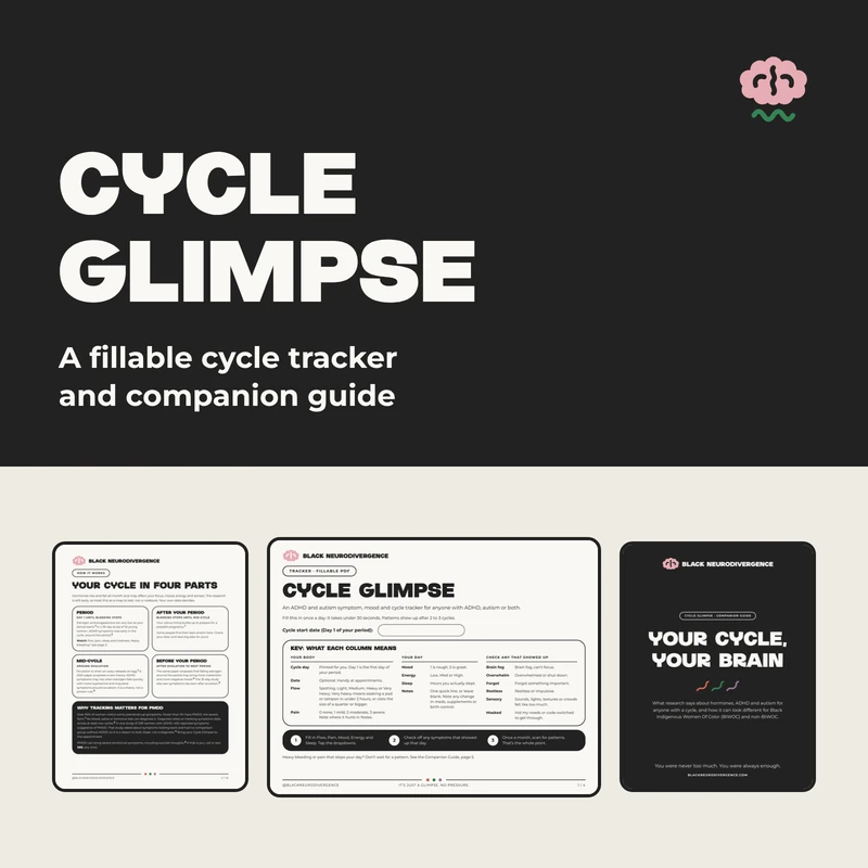Cycle Glimpse, a fillable cycle tracker and companion guide, showing the Cycle in Four Parts page, the tracker and the companion guide cover.
