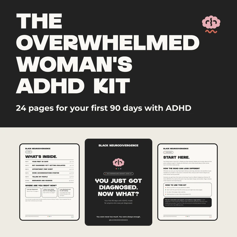 The Overwhelmed Woman’s ADHD Kit guide, 24 pages for your first 90 days with ADHD, showing the cover, the What’s Inside page and the Start Here page.